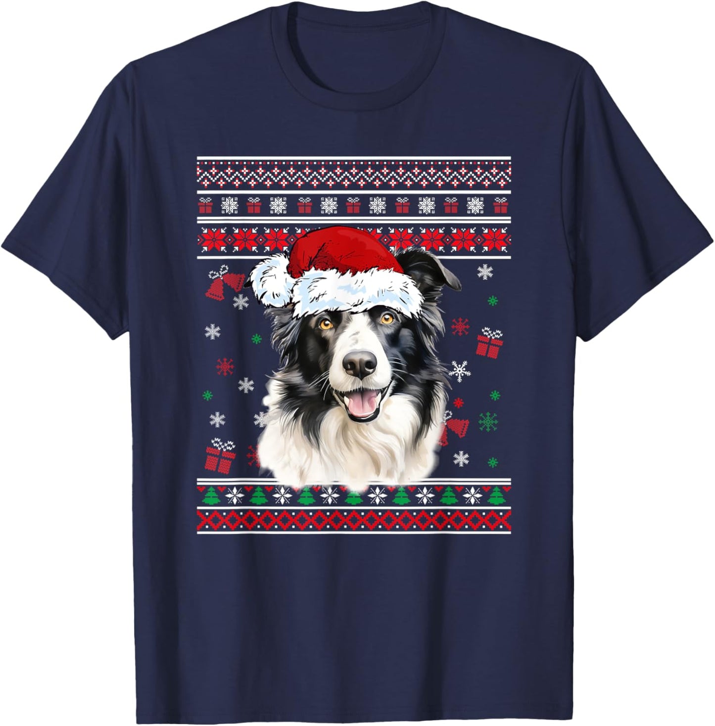 Border collie Dog Christmas Pajama Ugly Christmas Sweater Men Women Kids T-Shirt - T-Shirt | Navy