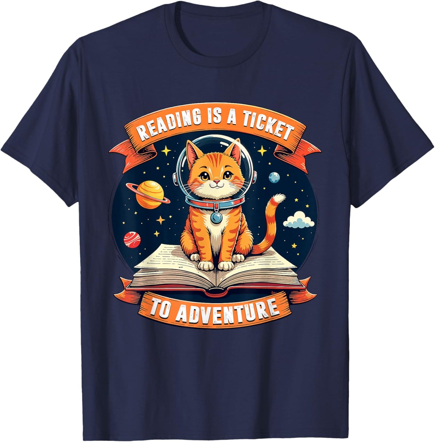 Reading Is A Ticket To Adventure Shirt Kids Space Cat Lover T-Shirt - T-Shirt | Navy