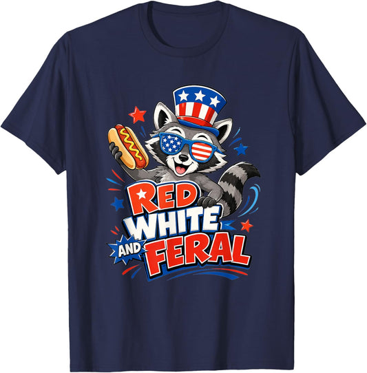 USA Kids Red Funny White and Feral Racoon Feral 4th of July T-Shirt - T-Shirt | Navy