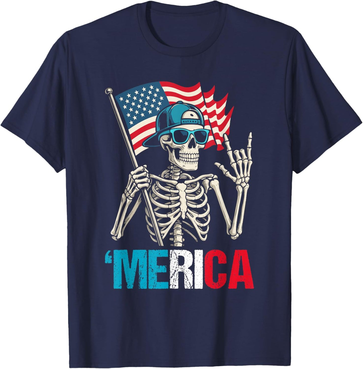 Skeleton Merica Rock American Flag Patriotic 4th of July T-Shirt - T-Shirt | Navy
