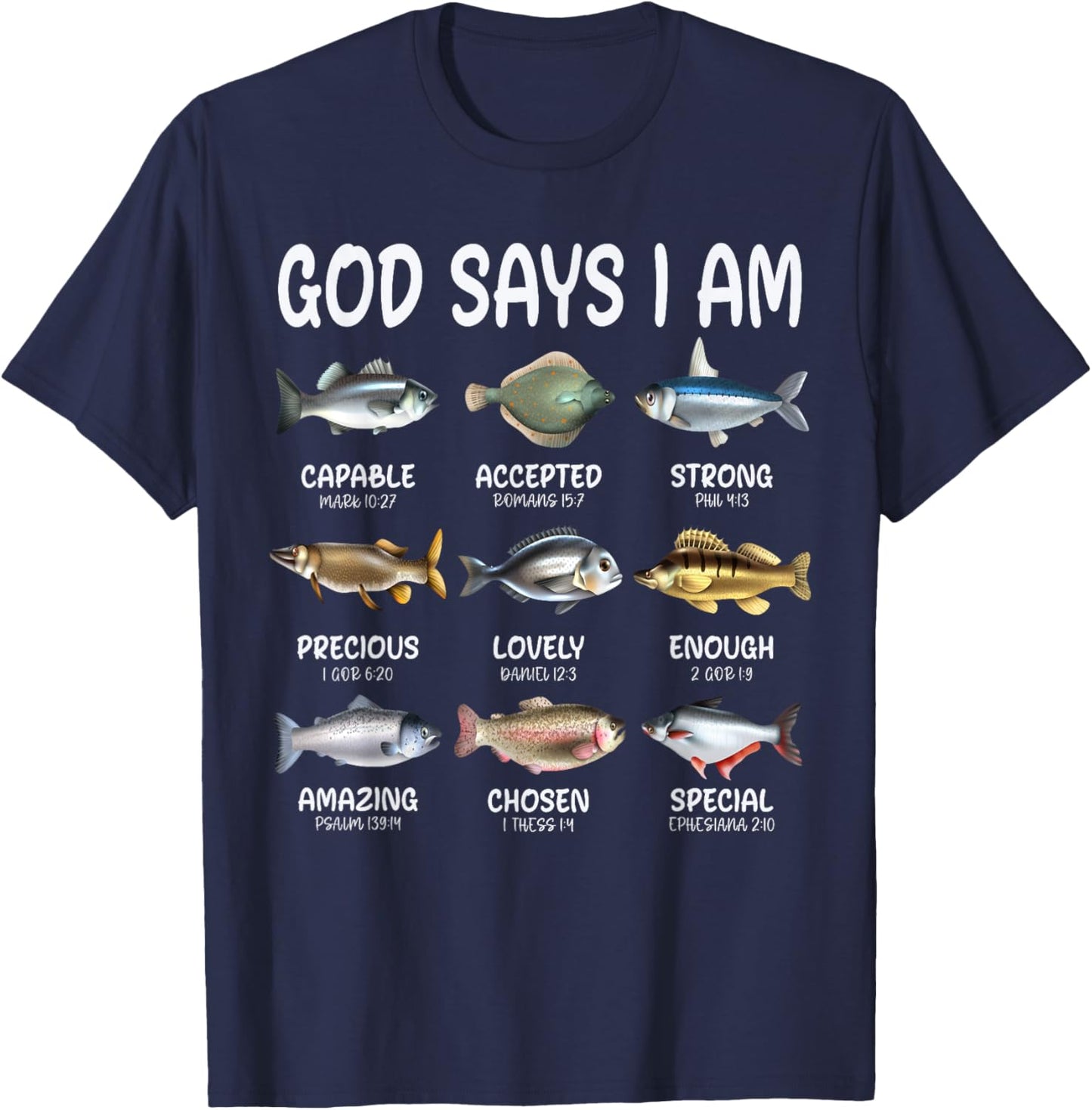 God Says I Am Christian Boys Girls Kids Fishing Fish Graphic T-Shirt - T-Shirt | Navy