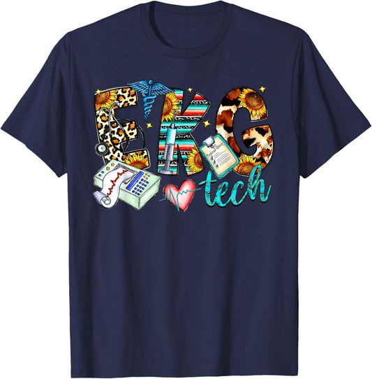 Retro Leopard EKG Tech Apparel Electrocardiogram Specialist T-Shirt - T-Shirt | Navy