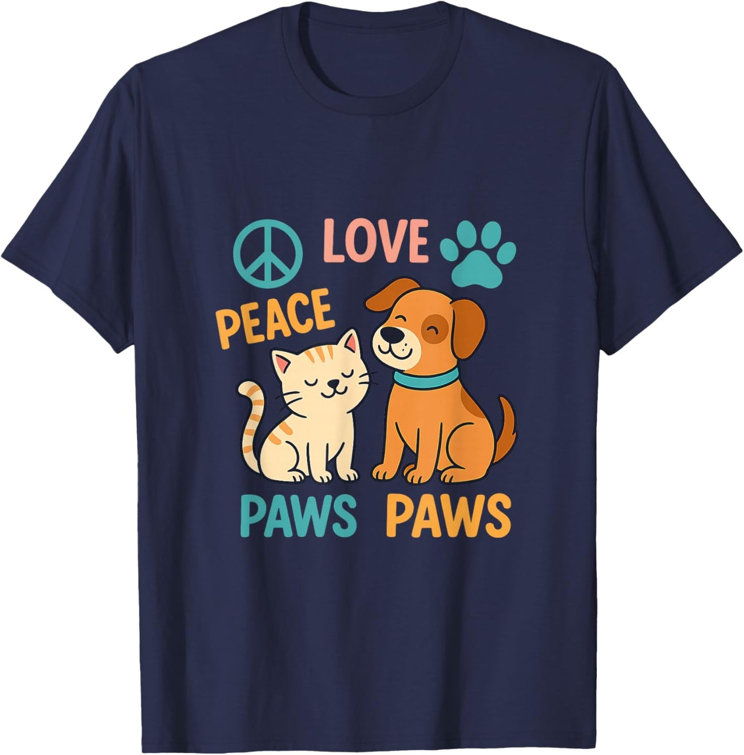 Peace Love Paws Cute Cat Dog Pet Lover Friendship Art T-Shirt - T-Shirt | Navy