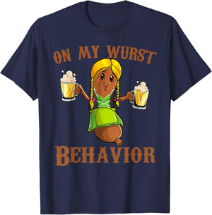 On My Wurst Behavior Bratwurst German Oktoberfest Funny T-Shirt - T-Shirt | Navy