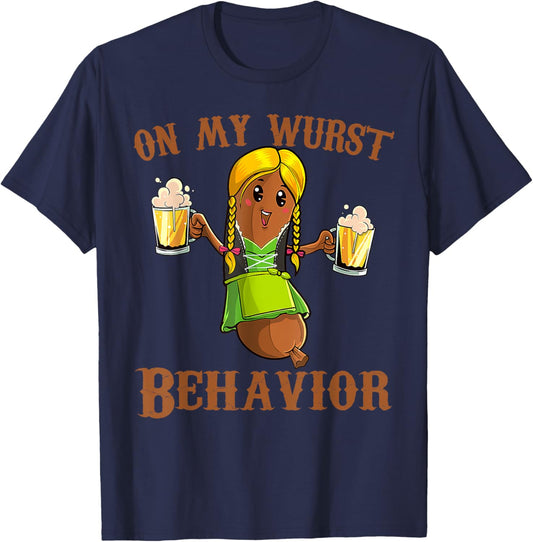 On My Wurst Behavior Bratwurst German Oktoberfest Funny T-Shirt - T-Shirt | Navy