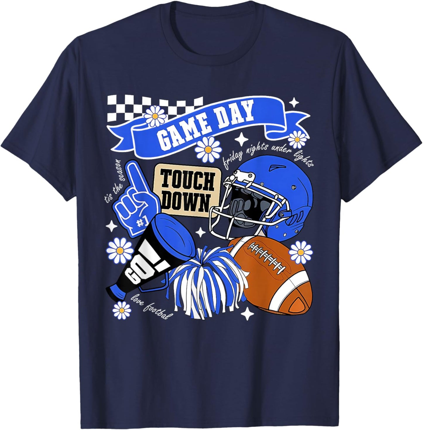 Blue Game Day Touchdown Football Lover Women Mom Men Kids T-Shirt - T-Shirt | Navy