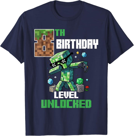 8th Birthday Level Unlocked Pixel Dab 8 Bday Gamer Boys Kids T-Shirt - T-Shirt | Navy
