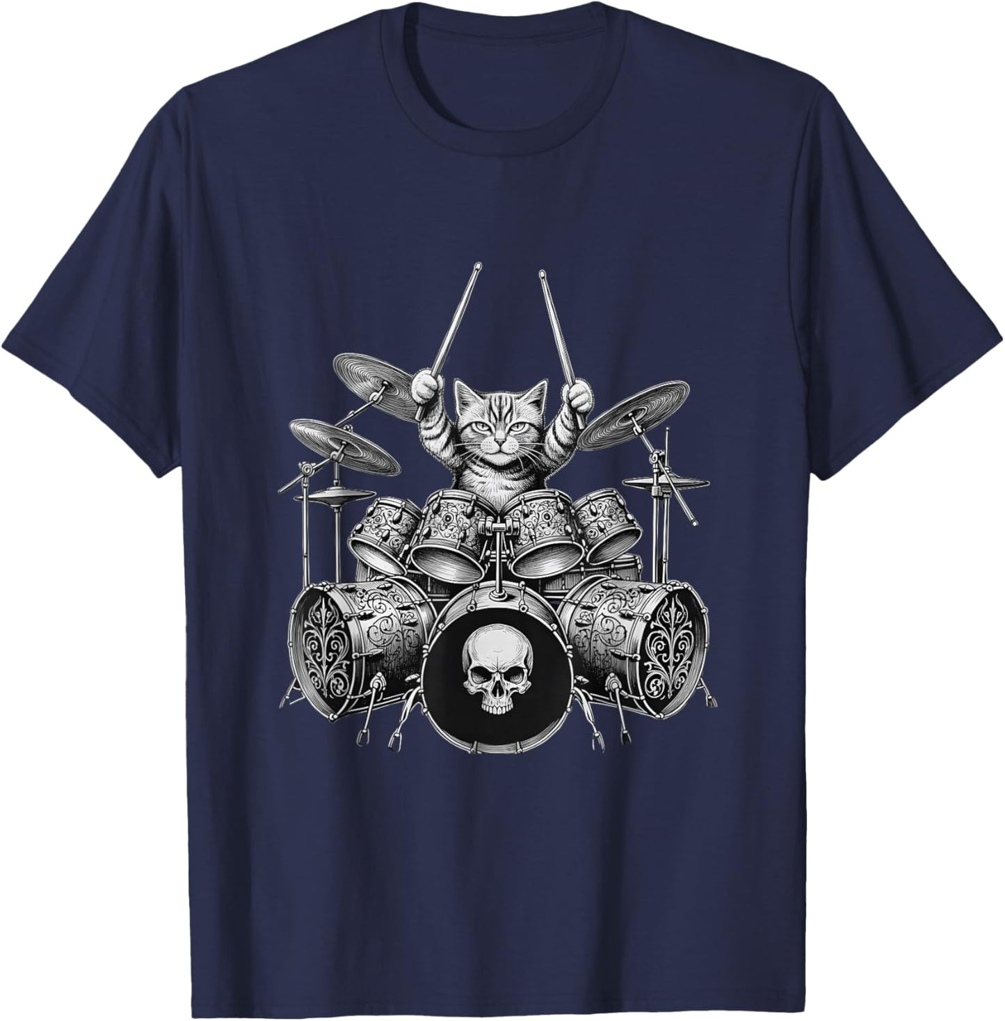 Cat Drummer Drum Kit Skull Rock Music Lover Women T-Shirt - T-Shirt | Navy