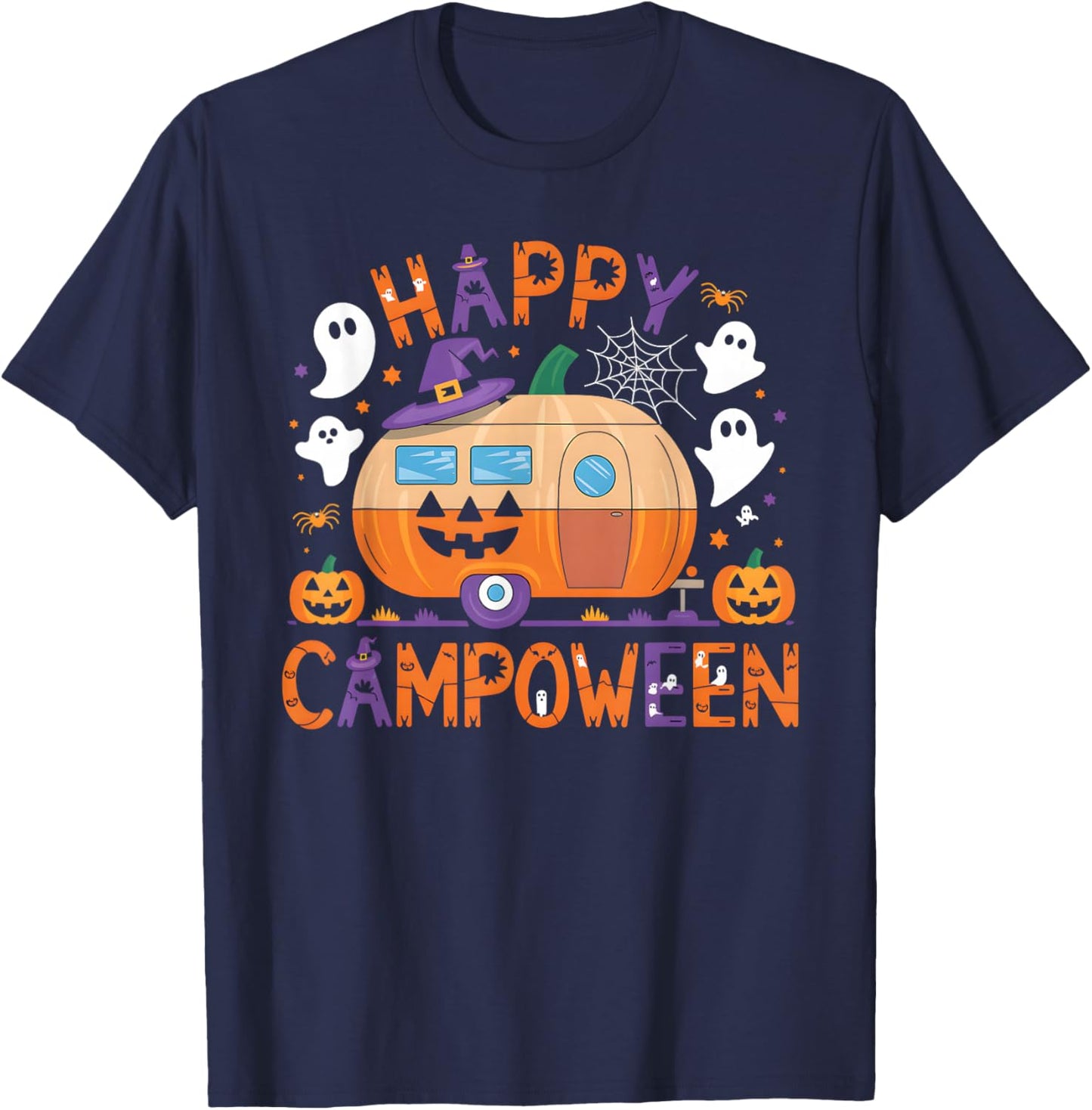Happy Camp-O-Ween Halloween Camping Ghosts and Campfires T-Shirt - T-Shirt | Navy