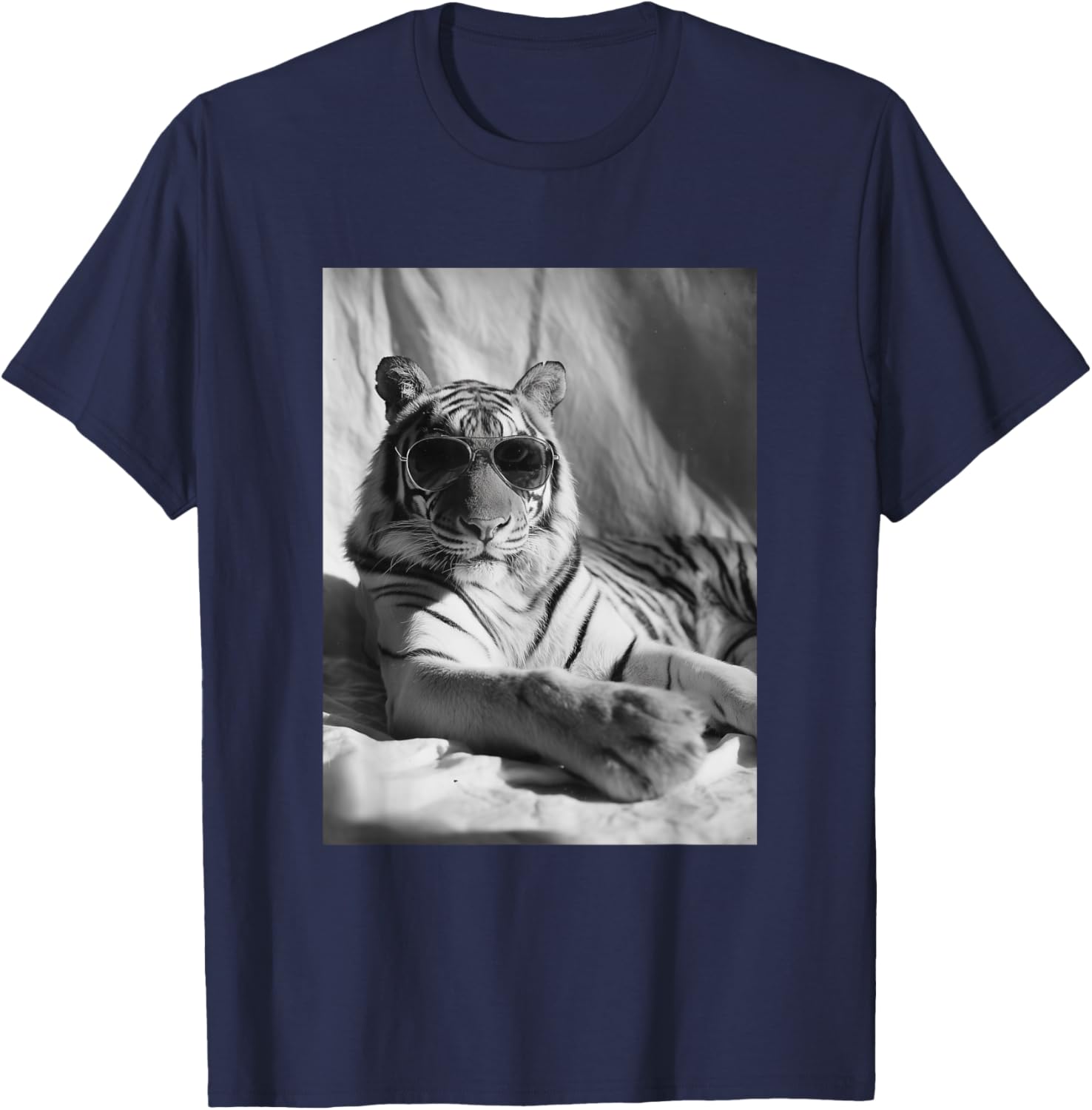 Elegant Tiger with Sunglasses Feline Animal Photography T-Shirt - T-Shirt | Navy