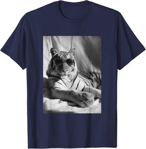 Elegant Tiger with Sunglasses Feline Animal Photography T-Shirt - T-Shirt | Navy