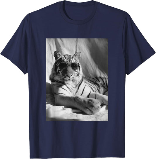 Elegant Tiger with Sunglasses Feline Animal Photography T-Shirt - T-Shirt | Navy