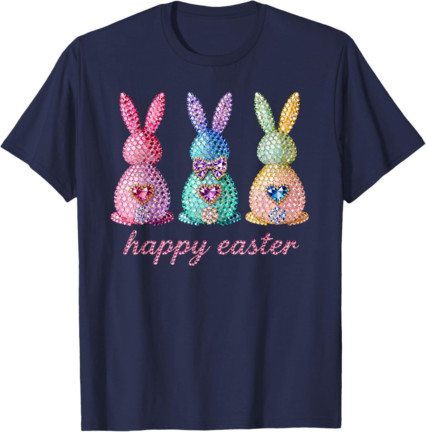 Funny Three Bunnies Rabbit Eggs Happy Easter Trendy Sparkly T-Shirt - T-Shirt | Navy