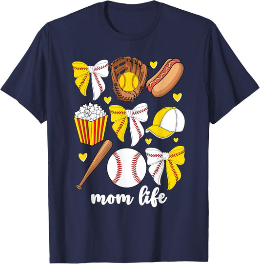 Half Baseball And Softball Mom Mama Life Coquette Bow Women T-Shirt - T-Shirt | Navy
