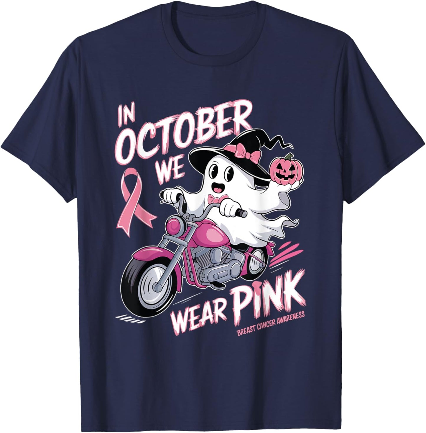 In October We Wear Pink Ghost Riding Motorcycle Halloween T-Shirt - T-Shirt | Navy