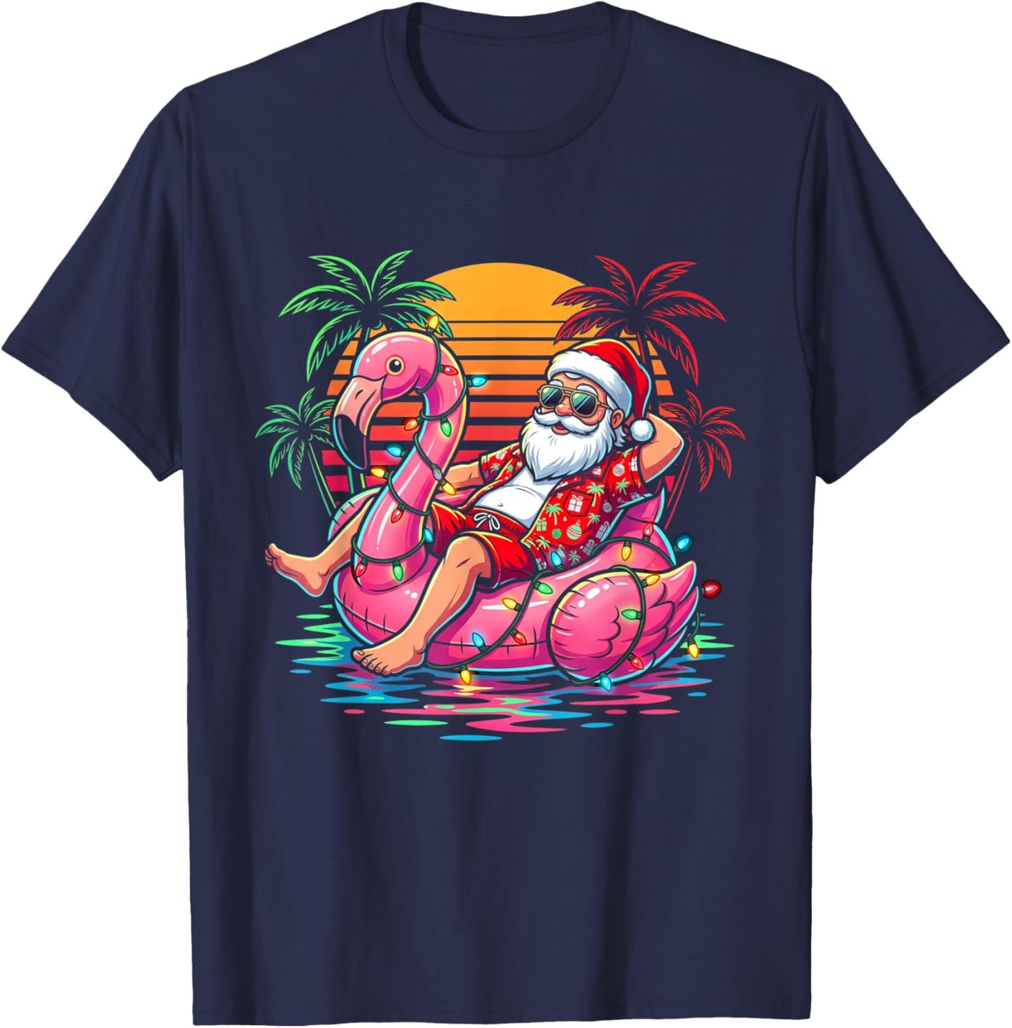 Christmas in July Santa Flamingo Float Summer Beach Xmas T-Shirt - T-Shirt | Navy