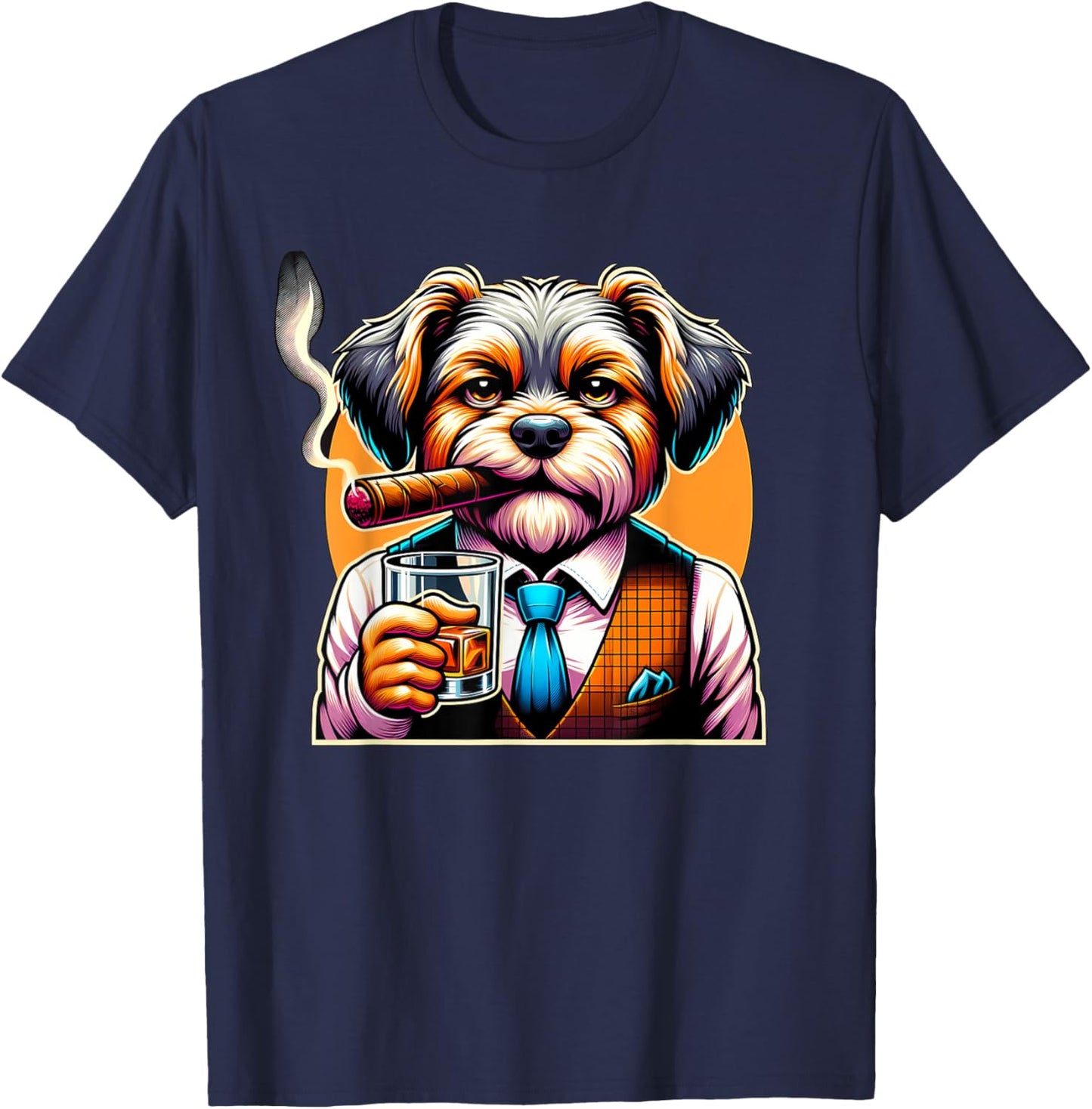 Dorkie Dog Cigar And Whiskey T-Shirt - T-Shirt | Navy