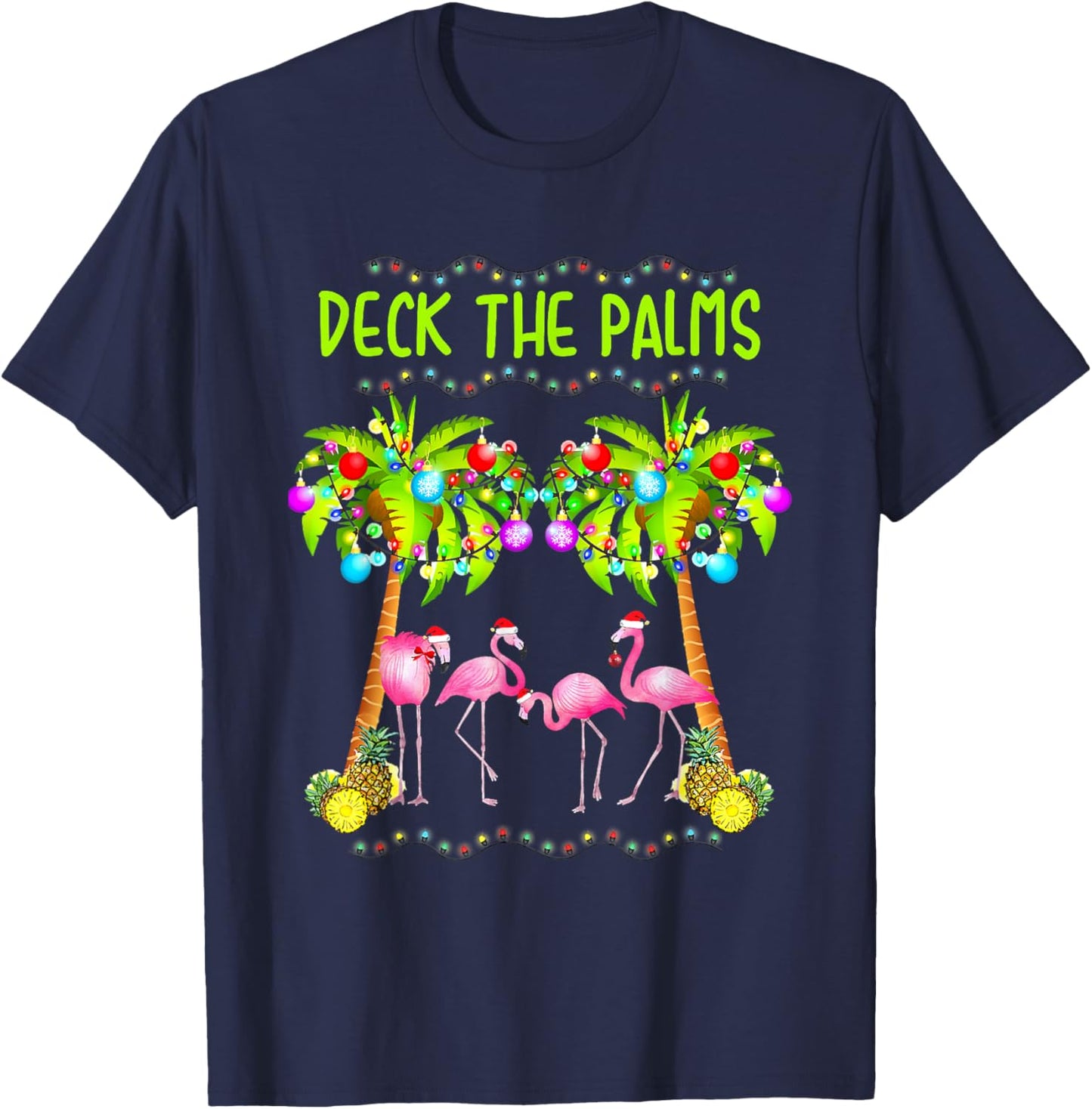 Deck The Palms Merry Flamingo Christmas Palm Tree Funny Xmas T-Shirt - T-Shirt | Navy