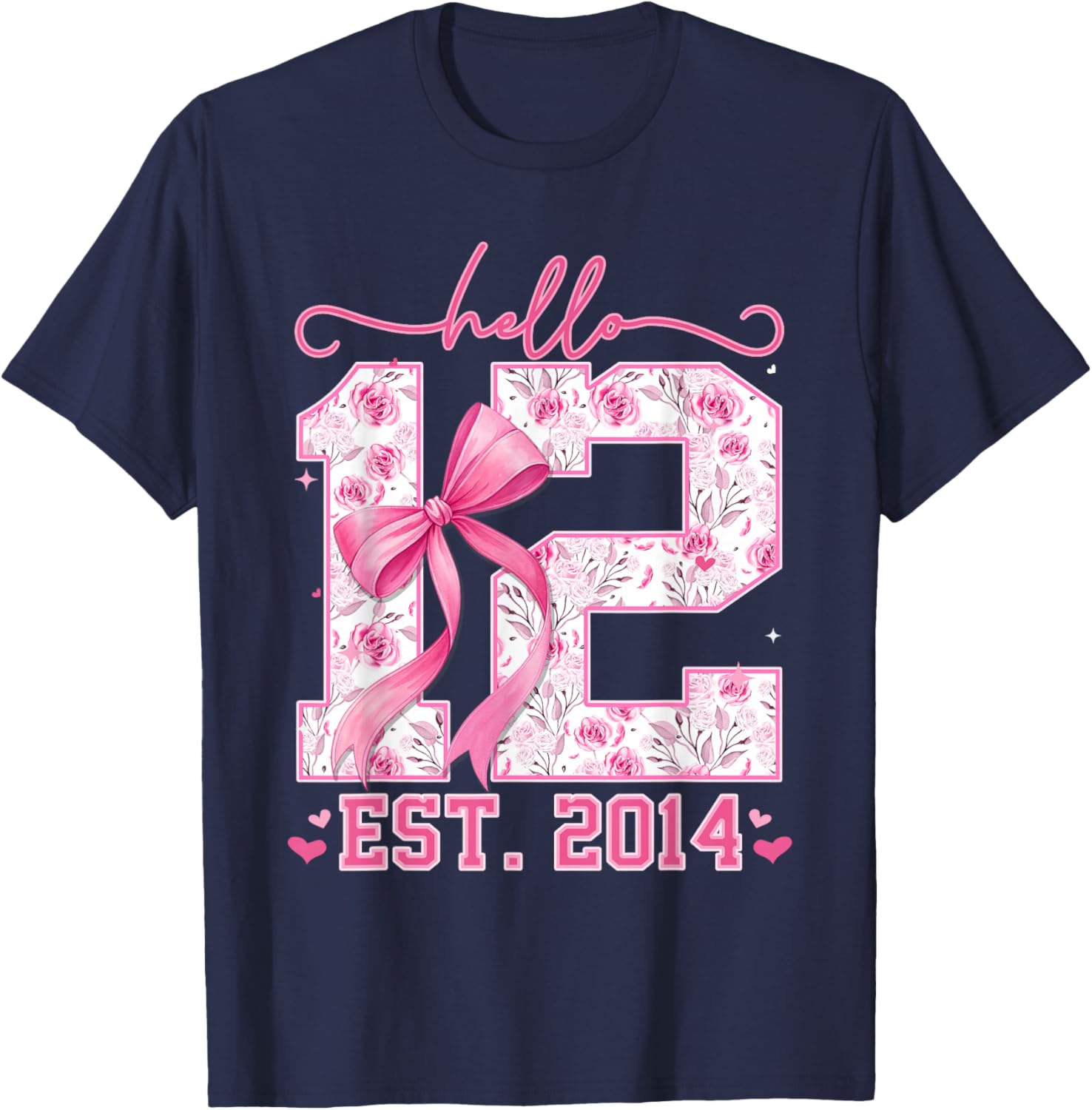Hello Twelve Est 2014 Pink Coquette Bow 12th Birthday Girl T-Shirt - T-Shirt | Navy