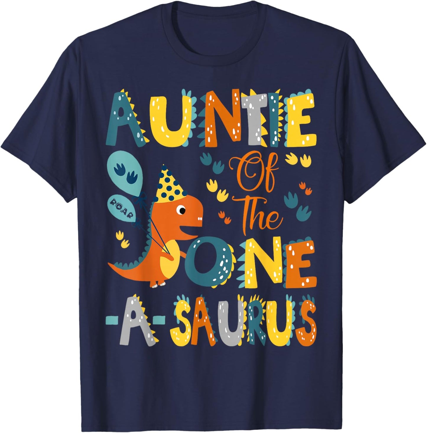 Dinosaur T-Rex 1St Birthday Matching Family Auntie Of The One-A-Saurus 1St Birthday Dinosaur Party -Kids Black Small Classic Fit Modern U-Neck Short Sleeve T-Shirt - T-Shirt | Navy