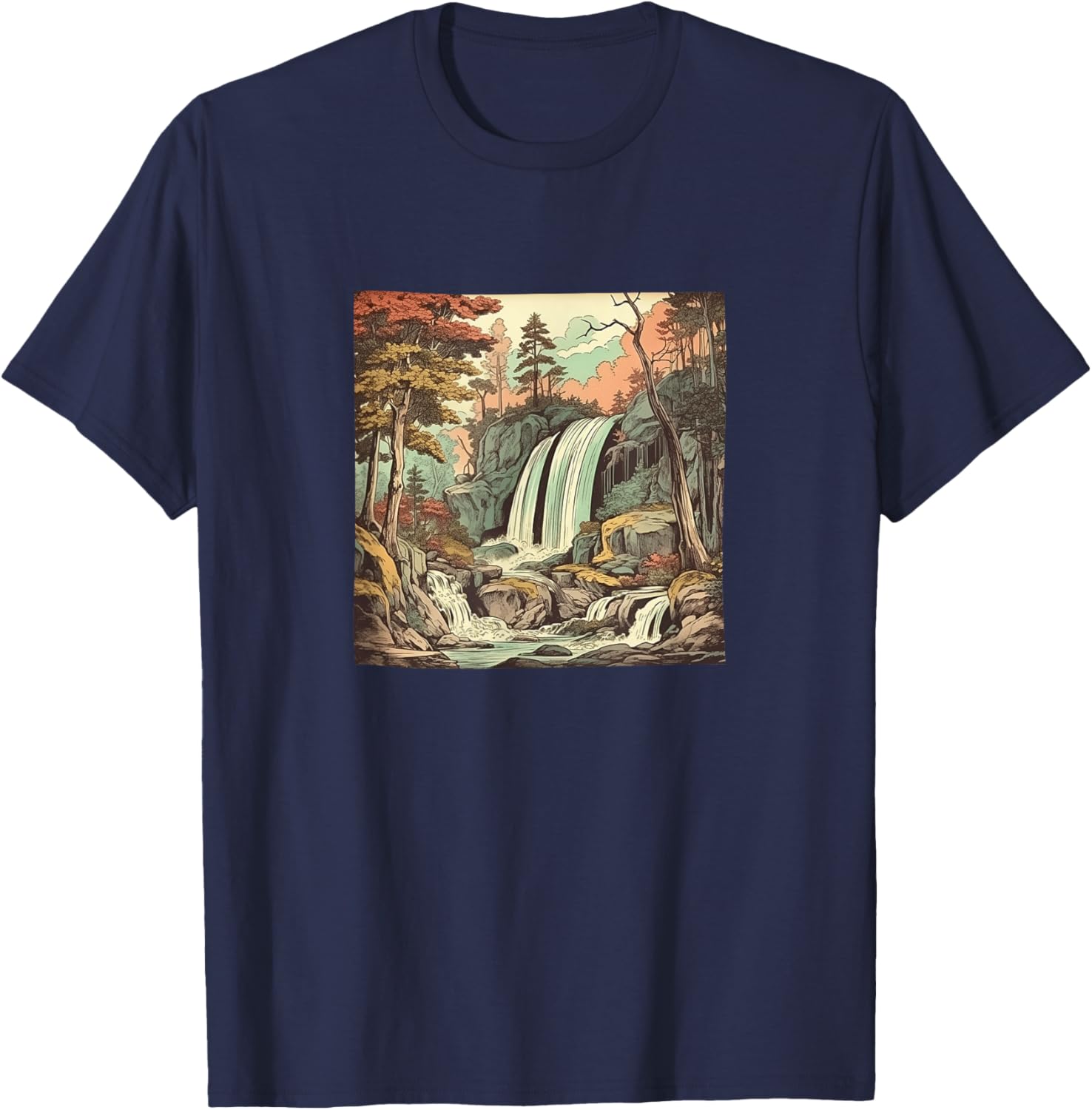 Waterfall In A Forest Vintage Landscape Graphic T-Shirt - T-Shirt | Navy