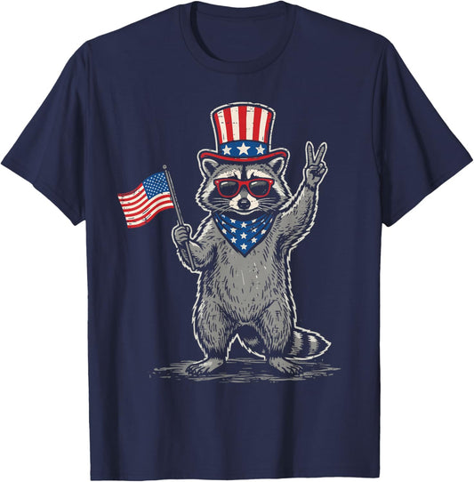 4th of July Raccoon Peace US Flag Patriotic Men Women Kids T-Shirt - T-Shirt | Navy