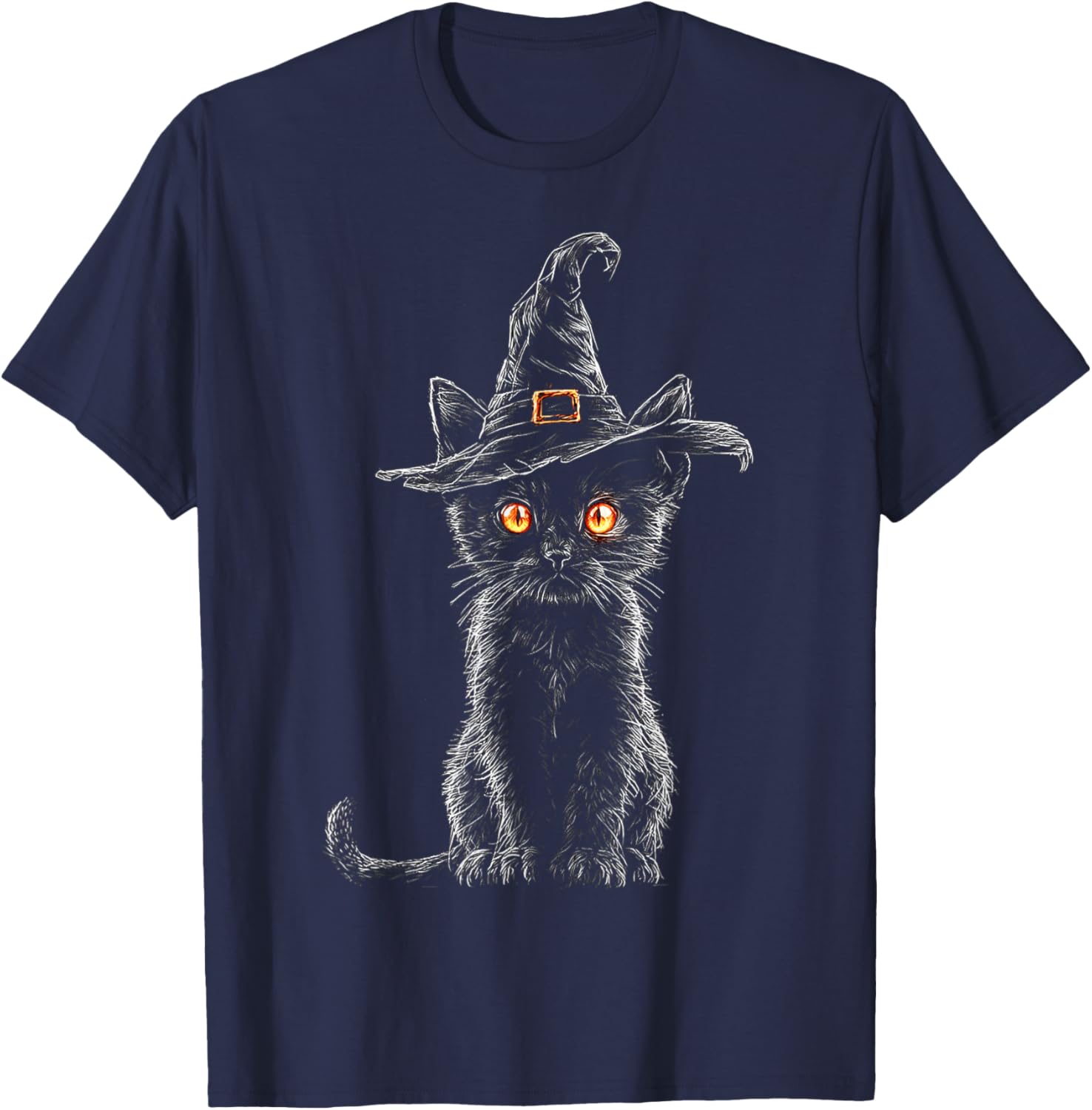 Halloween Cat Witch Drawing Portrait Animal Motif Halloween T-Shirt - T-Shirt | Navy