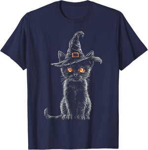 Halloween Cat Witch Drawing Portrait Animal Motif Halloween T-Shirt - T-Shirt | Navy
