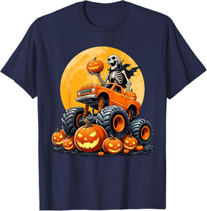 Skeleton Riding Monster Truck Halloween Pumpkin Kids Toddler T-Shirt - T-Shirt | Navy
