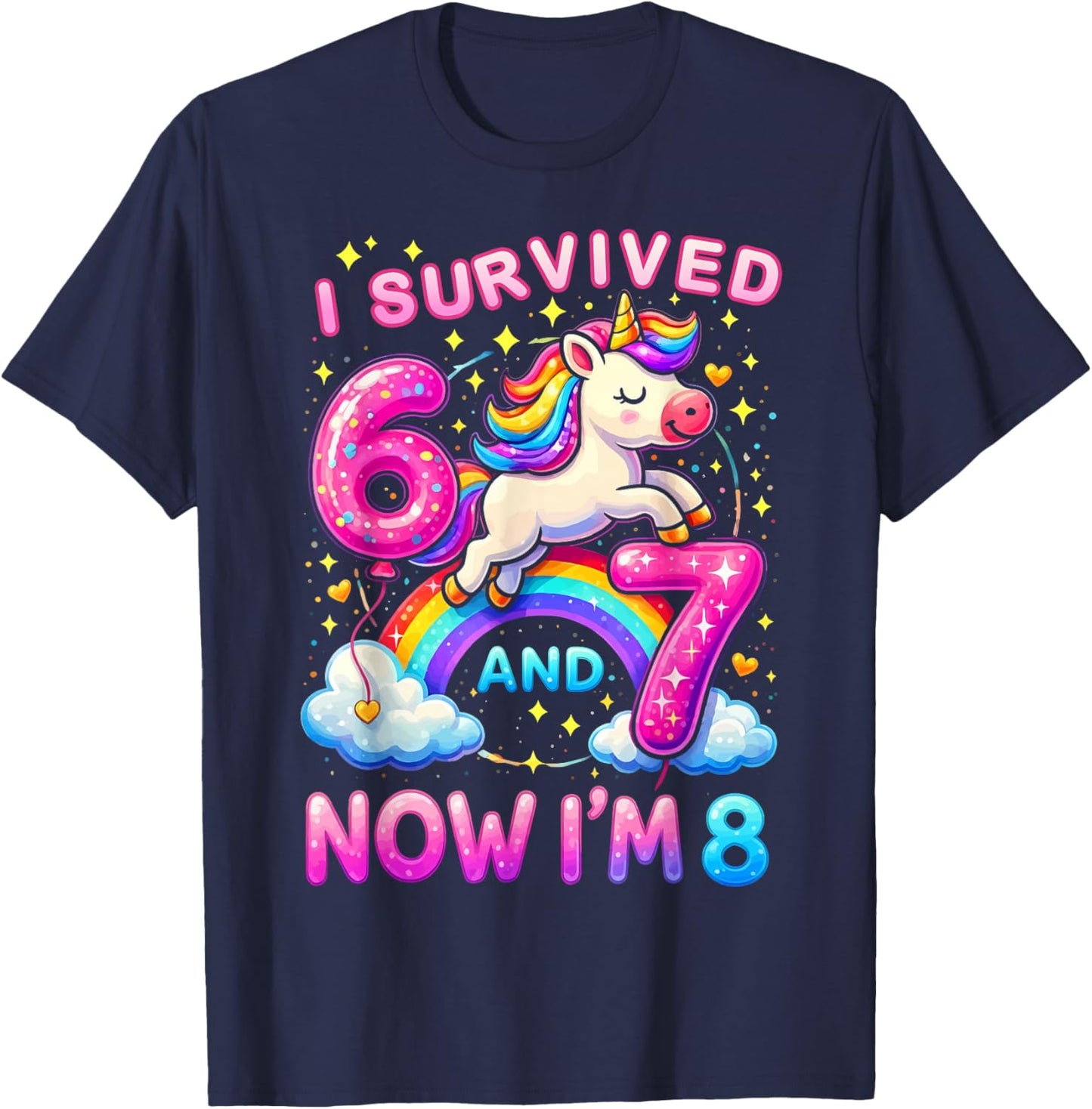 I Survived 6-7 and Now I'm 8 Years Old Girl Unicorn Birthday T-Shirt - T-Shirt | Navy
