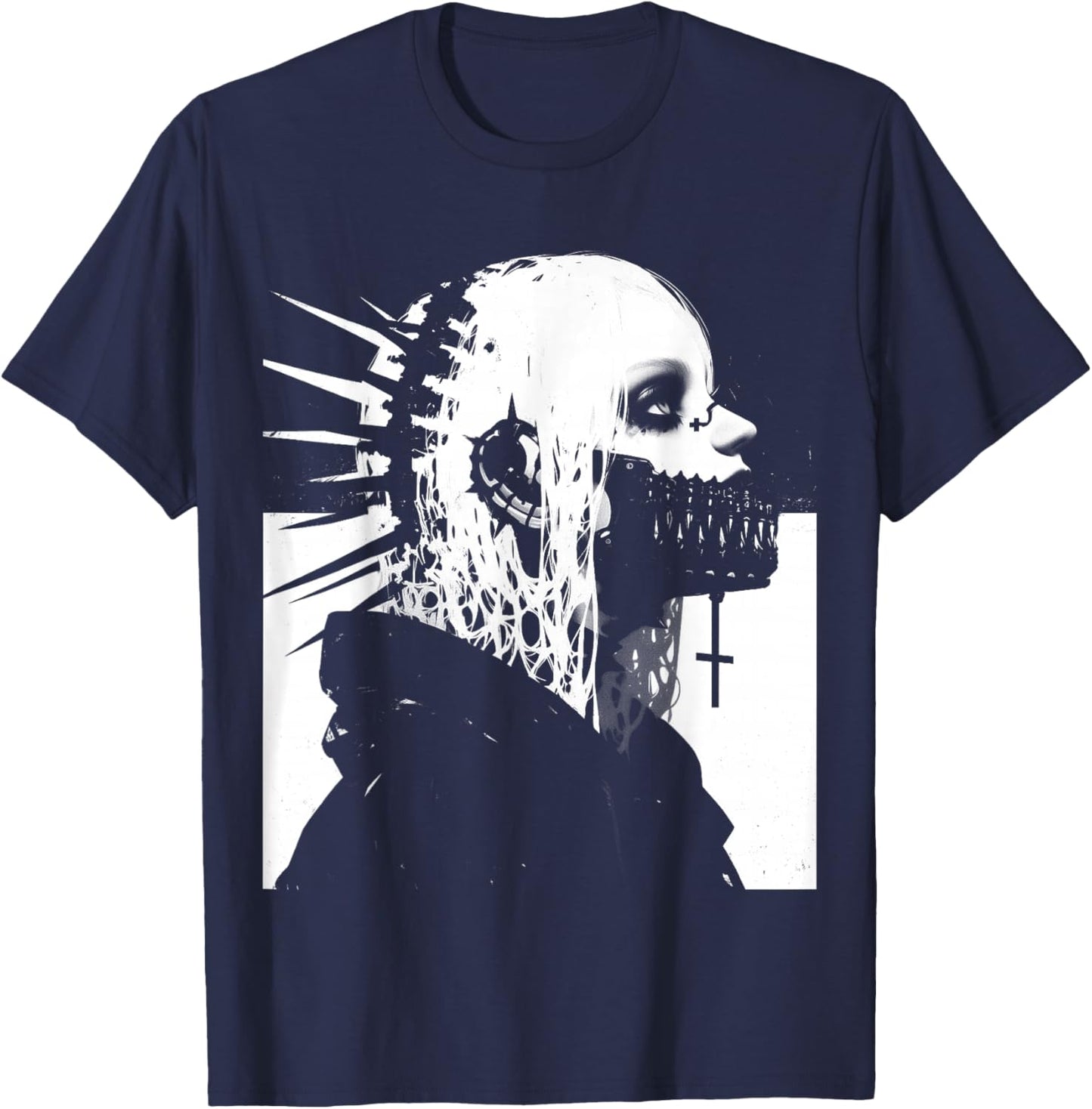Horror Techwear Ghoul Girl Cybergoth Gothic Anime Manga T-Shirt - T-Shirt | Navy