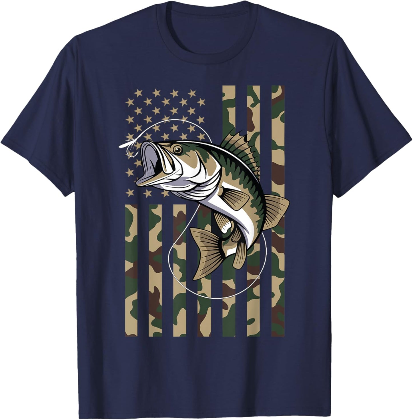 Camo US Flag Bass Fish Fishing Patriotic Men Women T-Shirt - T-Shirt | Navy
