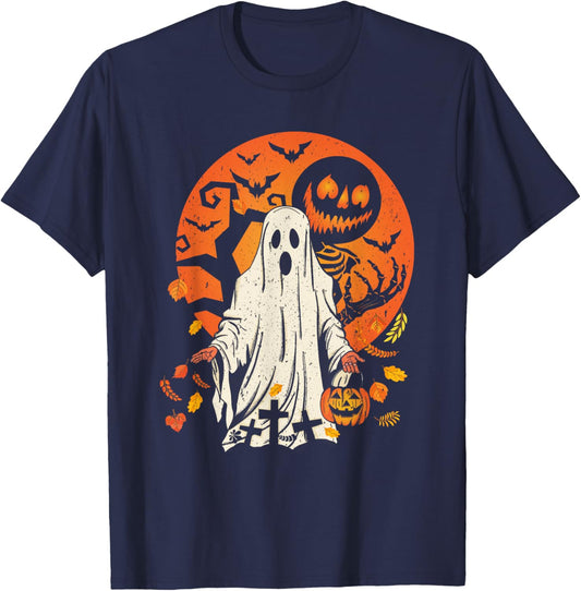 Cute Pumpkin Ghost And Autumn Leaves Halloween T-Shirt - T-Shirt | Navy