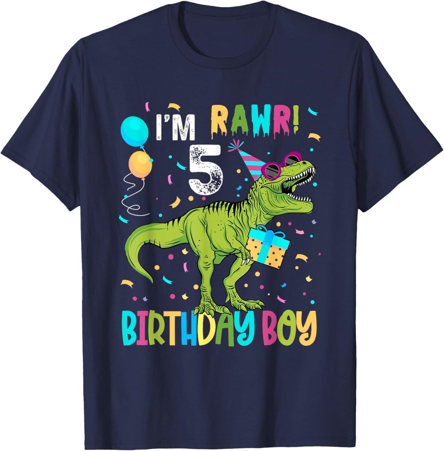 Birthday Boy 5 Years Old 5th Cute Rex Family Dinosaur Squad T-Shirt - T-Shirt | Navy