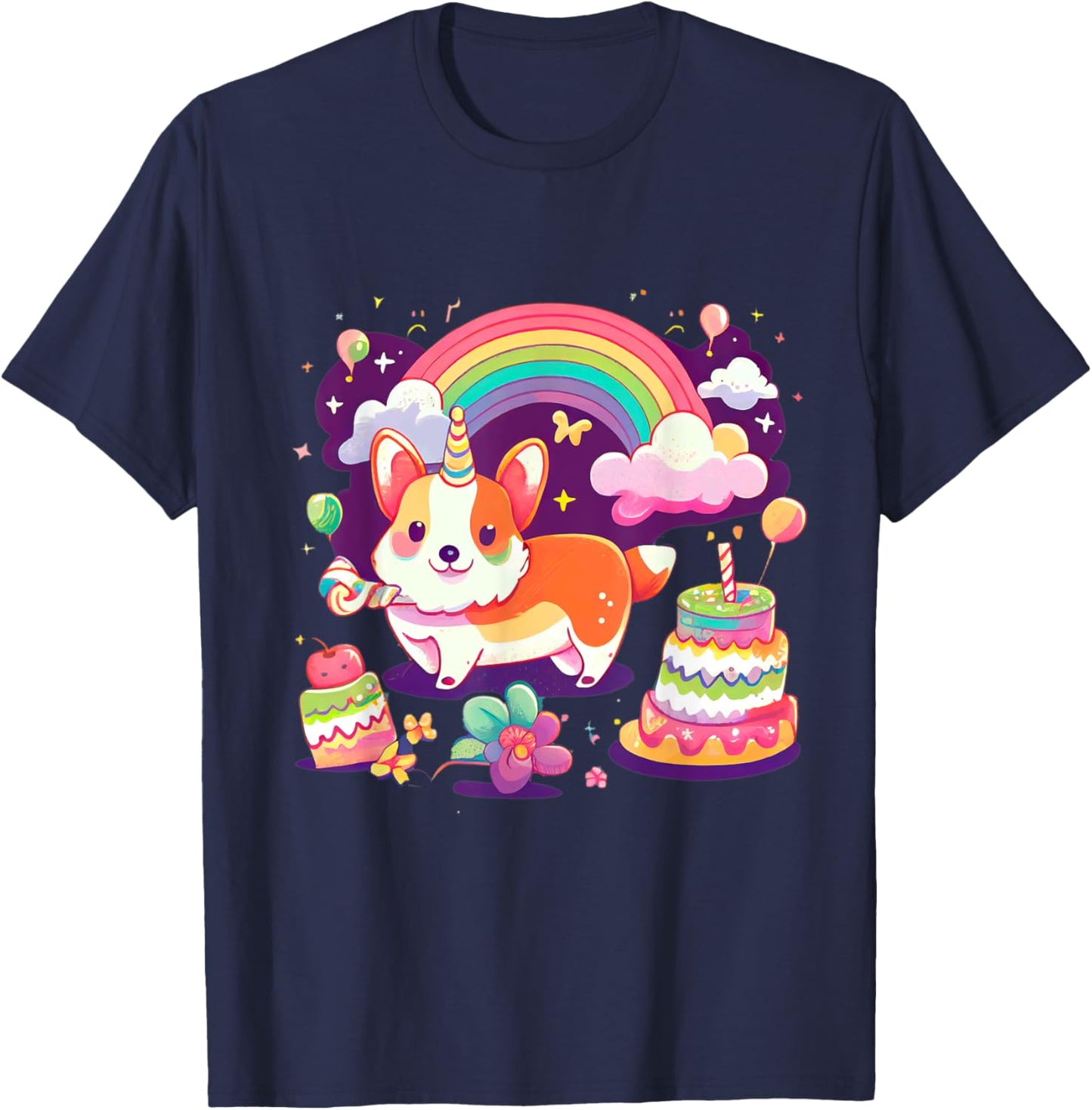 Corgi Unicorn Rainbow Cake T-Shirt - T-Shirt | Navy