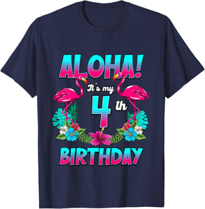 Kids Aloha 4th Birthday Flamingo Hawaii 4 Years Old T-Shirt - T-Shirt | Navy