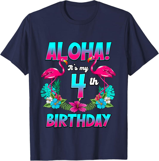 Kids Aloha 4th Birthday Flamingo Hawaii 4 Years Old T-Shirt - T-Shirt | Navy
