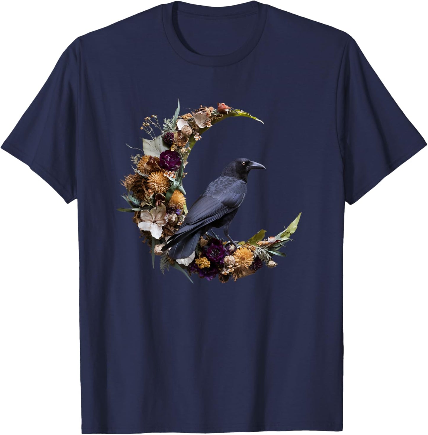 Gothic Crow Floral Moon Raven Goth Flowers Bird T-Shirt - T-Shirt | Navy