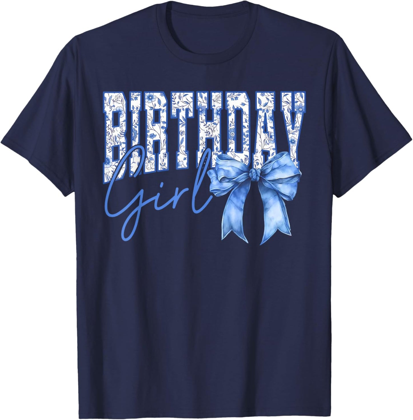 Birthday Girl Coquette Blue Toile Bow Girly Aesthetic Kids T-Shirt - T-Shirt | Navy