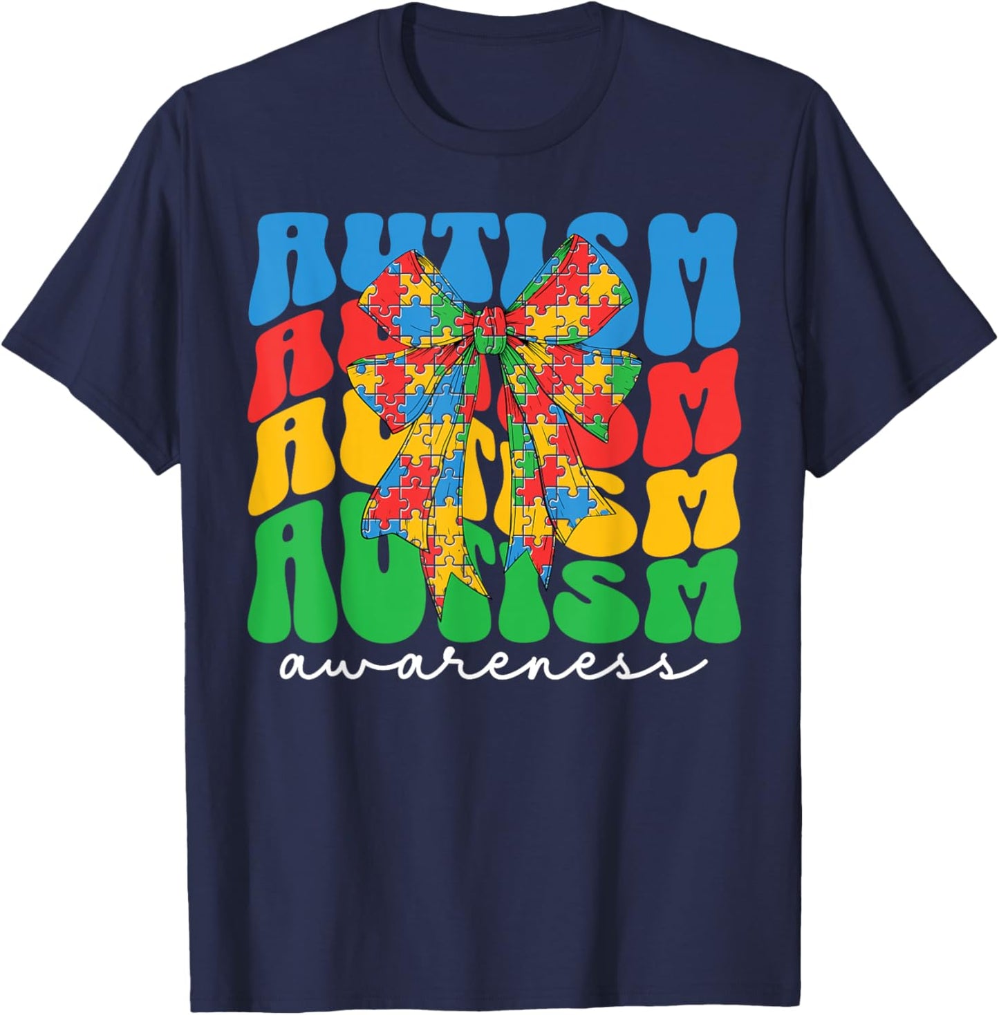 Autism Awareness Coquette Bow Women Girls Puzzle Cute Autism T-Shirt - T-Shirt | Navy