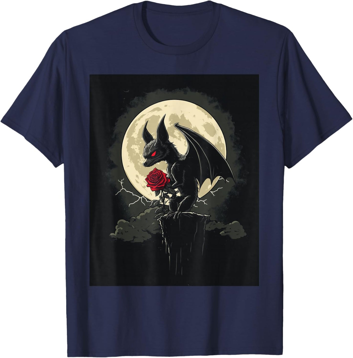 Bat Rose Moon Men Black Gothic Rose Women Bat T-Shirt - T-Shirt | Navy