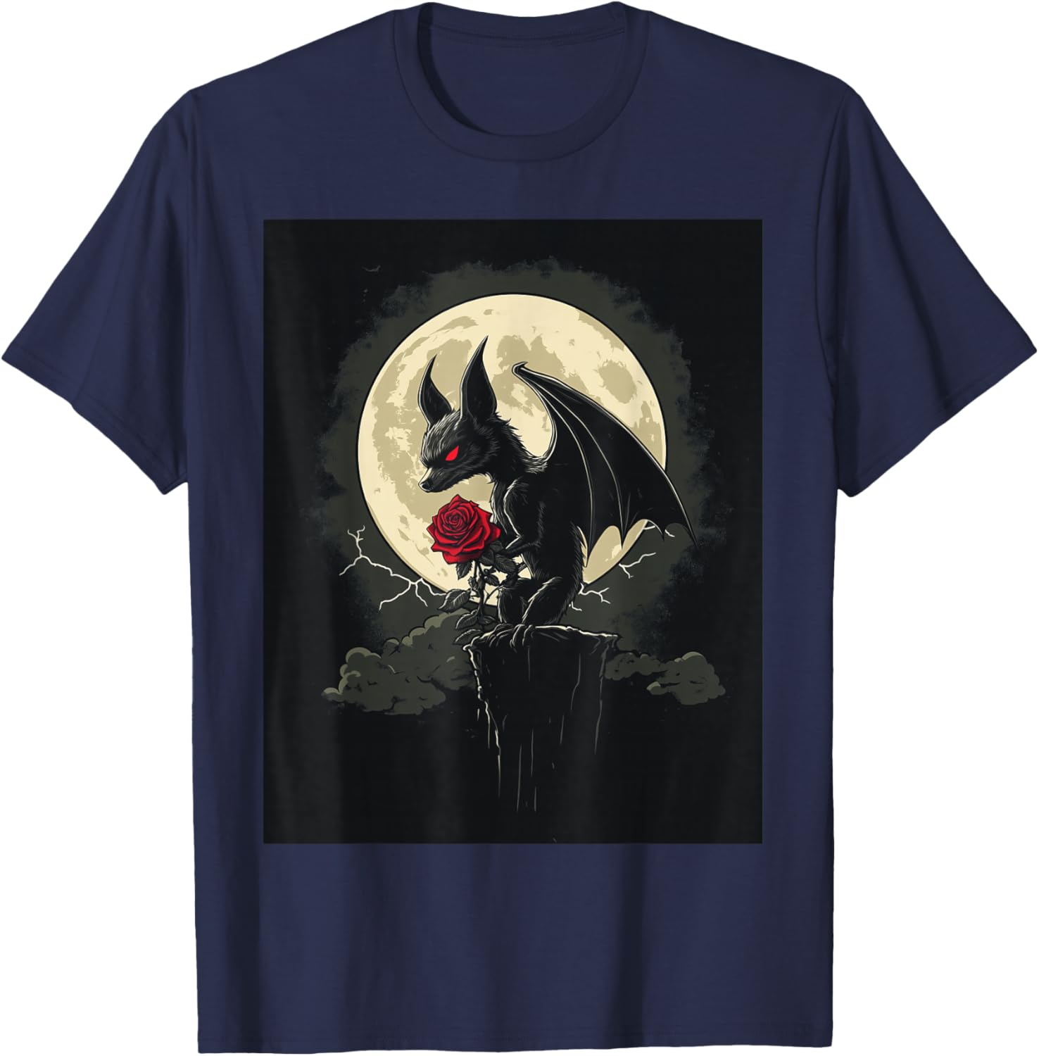 Bat Rose Moon Men Black Gothic Rose Women Bat T-Shirt - T-Shirt | Navy