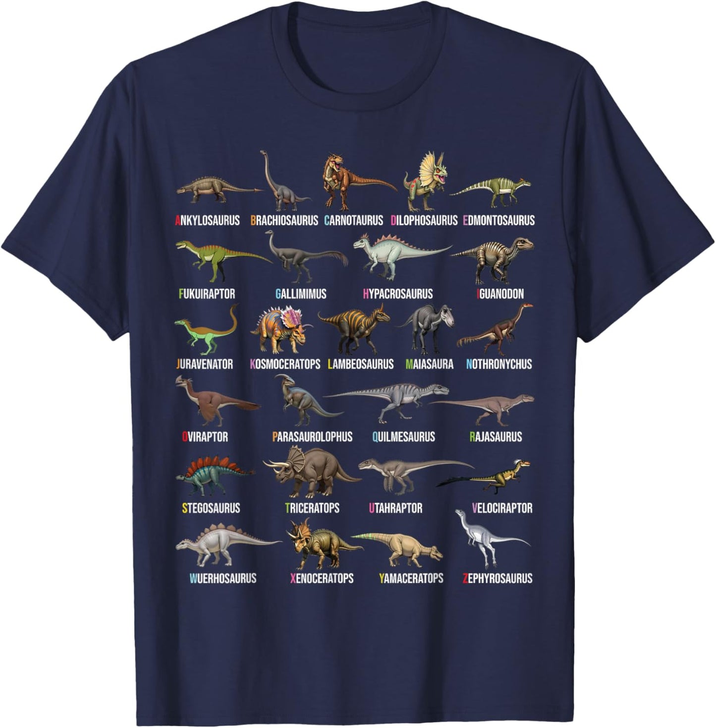 Dinosaur Alphabet A to Z - Educational Dino Chart for Kids T-Shirt - T-Shirt | Navy