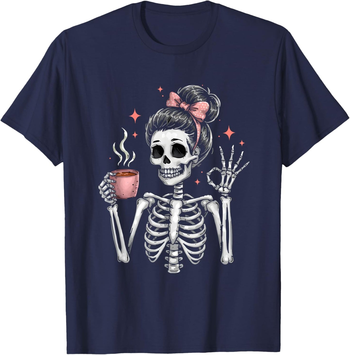 Messy Bun Drinking Coffee Skeleton Tired Mom T-Shirt - T-Shirt | Navy