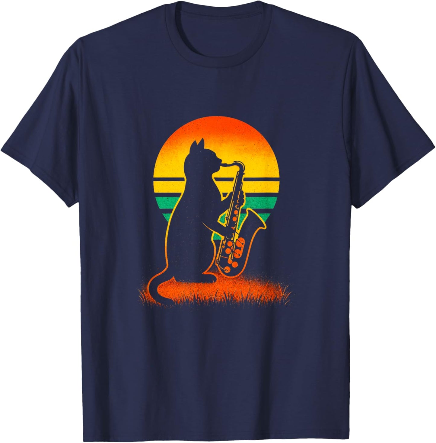 Jazz Cat Sunset - Funny Saxophone Music Lover T-Shirt - T-Shirt | Navy