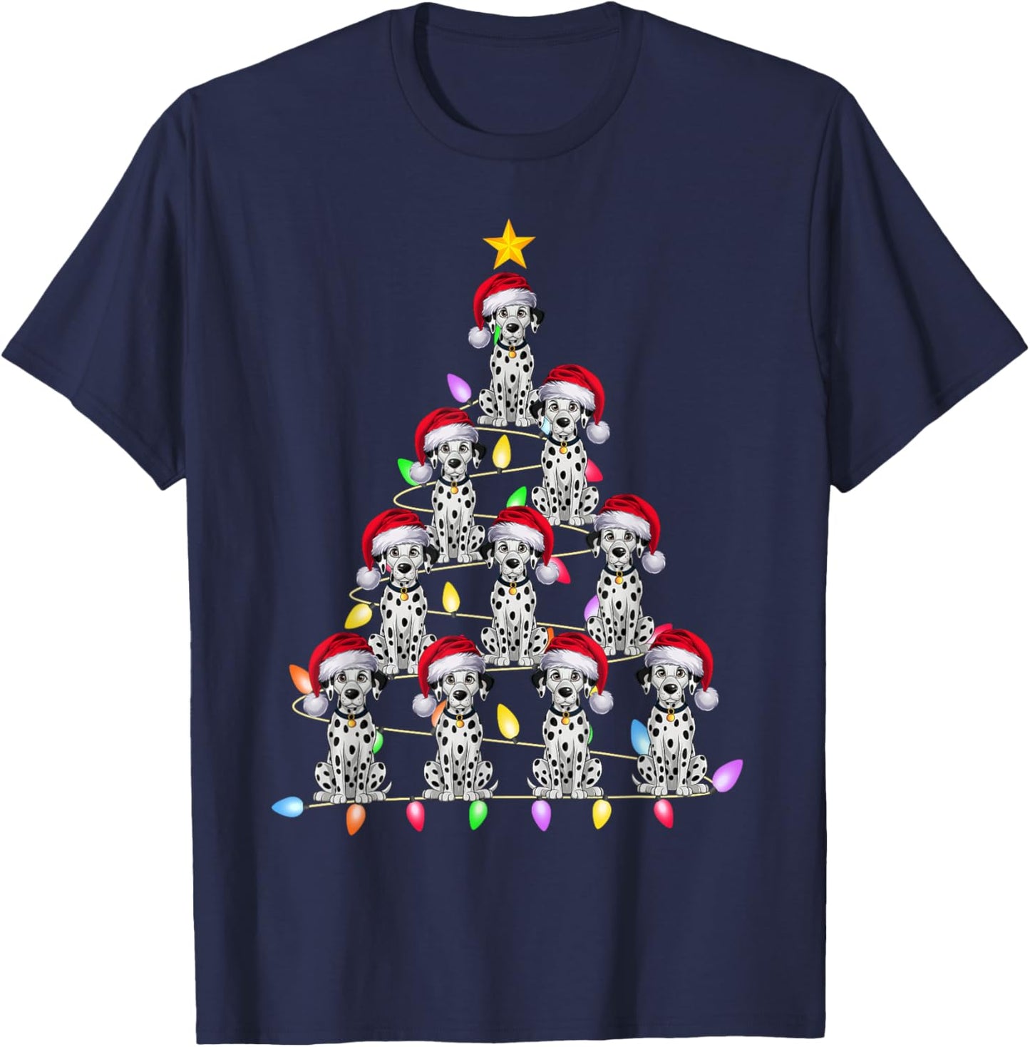 Christmas Tree Lights Men Women Santa Dalmatian Dog Xmas PJs T-Shirt - T-Shirt | Navy