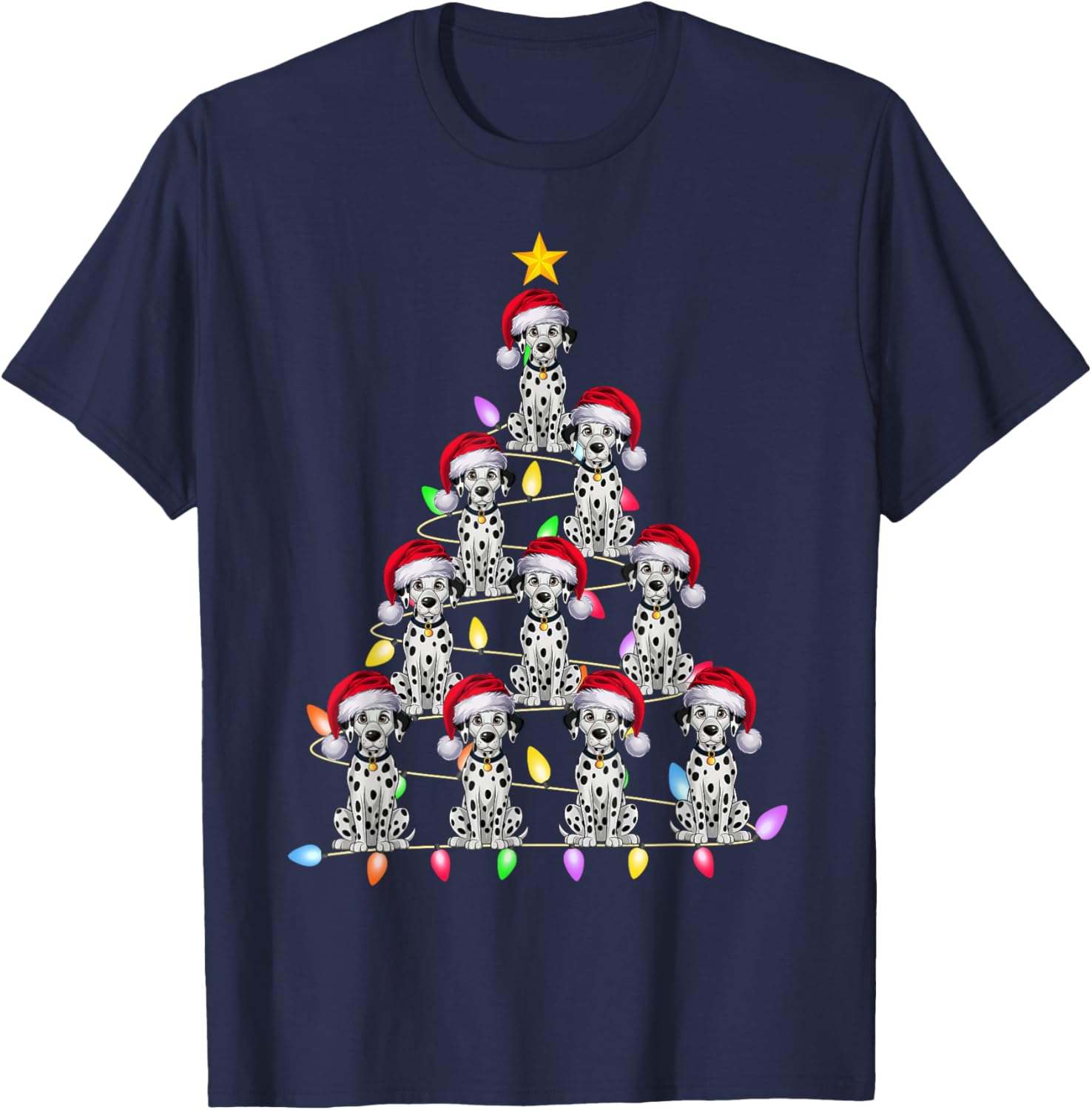 Christmas Tree Lights Men Women Santa Dalmatian Dog Xmas PJs T-Shirt - T-Shirt | Navy