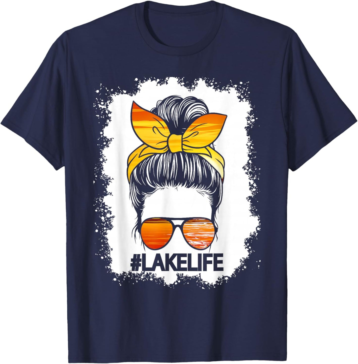 Lake Life Messy Bun Hair Girl Retro Lake Summer T-Shirt - T-Shirt | Navy