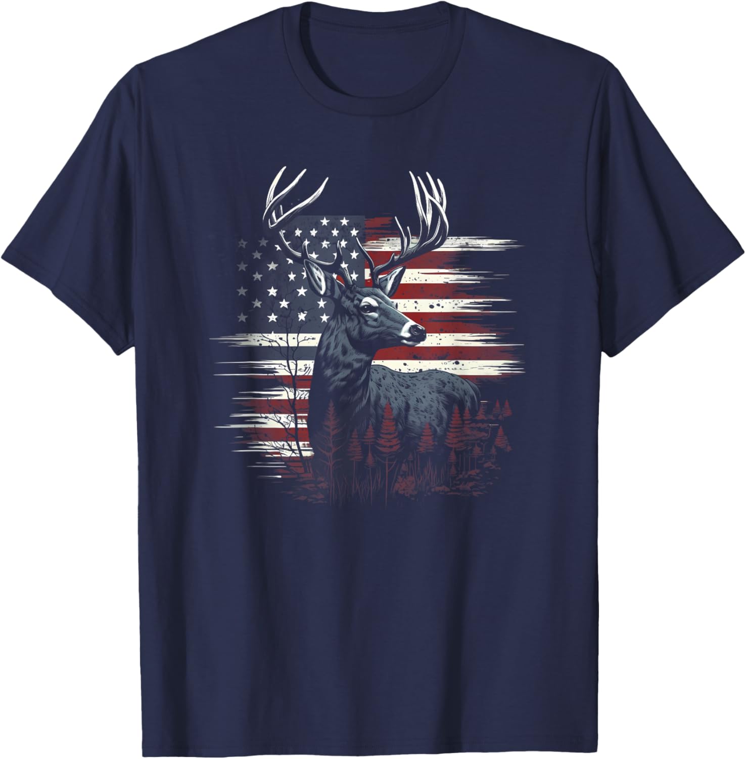 Deer Hunting American Flag Whitetail Buck Antlers T-Shirt - T-Shirt | Navy