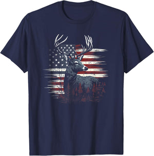 Deer Hunting American Flag Whitetail Buck Antlers T-Shirt - T-Shirt | Navy